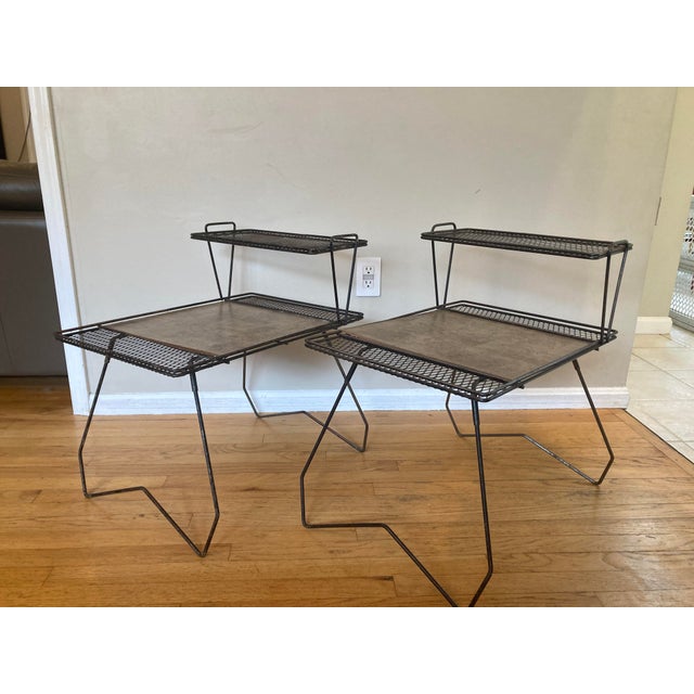 John Salterini Mid 20th Century Vintage Wrought Iron Tiered End Tables Pair Metal Mesh - Salterini, Diamond, Galef Style Mid Century For Sale - Image 4 of 12