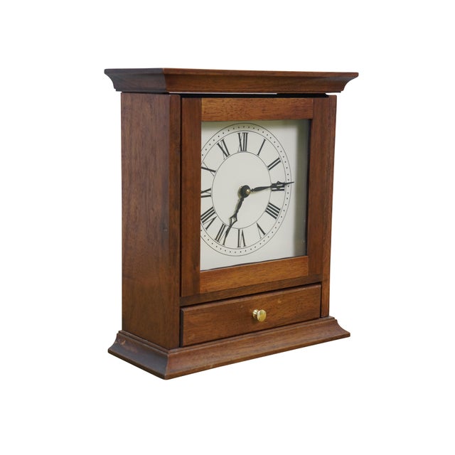 Mission Vintage Mission Arts & Crafts Oak Table Top Quartz Mantel Clock Drawer Bat Op For Sale - Image 3 of 16