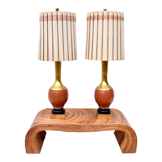 Monumental pair of Mid Century Modern lamps by The Marbro Lamp Company. Marvelous dark Persimmon and gold painted textured...