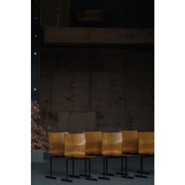 Industrial Stackable Chairs in Black Metal and Oak attributed to Niels Larsen, 1960s, Set of 6 For Sale - Image 15 of 18