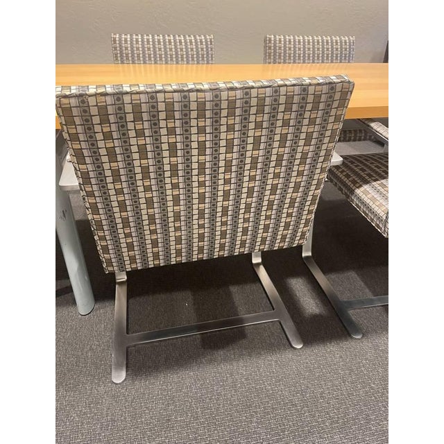 2003 Set of 4 Mies Van Der Rohe for Knoll Flat Bar Brno Arm Chairs Grid Fabric Pattern For Sale - Image 15 of 15