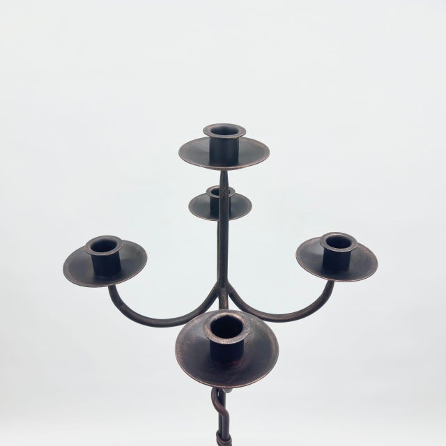 Metal Hand Forged Iron Floor Candelabra 49″ (124cm) Antique Copper Patina 5-Arm Spiral Vine Stem Candle Holder Gothic Decor For Sale - Image 7 of 10