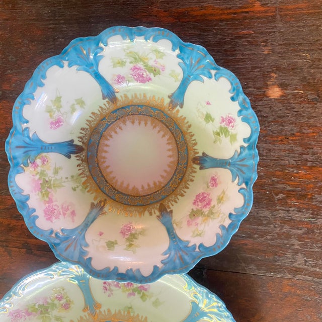 Prussia Plate and Bowl Set Hand Painted Vibrant Blue Border With Gold Accents For Sale - Image 10 of 16