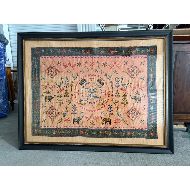 Indian Indian Embroidered Silk Camel & Elephant Ceremonial Textile Panel in Acrylic Frame, Late 19th Century For Sale - Image 3 of 8