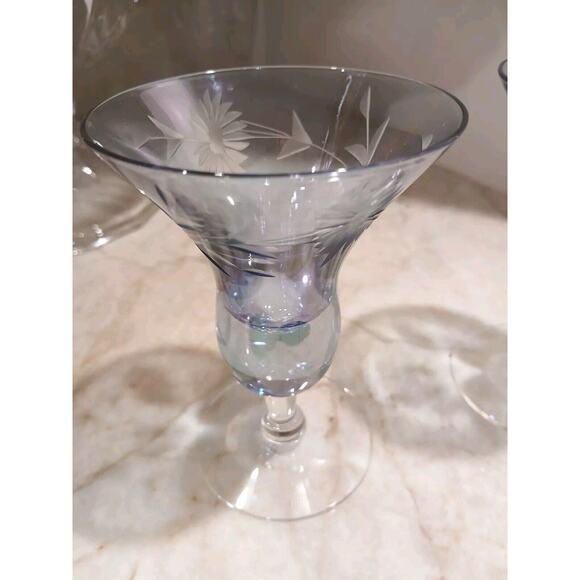 1960s 1960s Mid Century Modern Murano Etched Cocktail Cordial Glasses 5" Blue Barware Hand Blown Floral - a Pair For Sale - Image 5 of 16