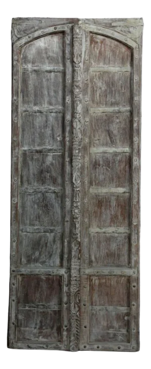 Arched Antique Teak Exterior Door With Rustic White Distressed Carvings - a Pair