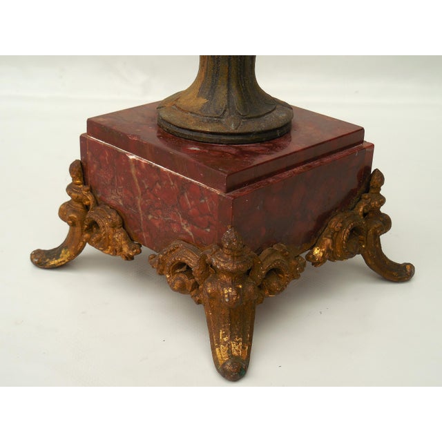 Brass Antique Neoclassical Gilt Spelter Urn / Amphora Vase on Red Marble Base For Sale - Image 8 of 9