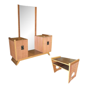 1940s Mid-Century Combed Wood Vanity W/ Stool by Paul Frankl for Brown Saltman, Attributed
