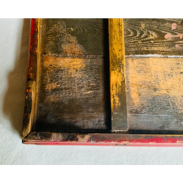 19th Century Chinese Elmwood Red Lacquer Tea Tray - Hand Made & Hand Painted For Sale - Image 12 of 12