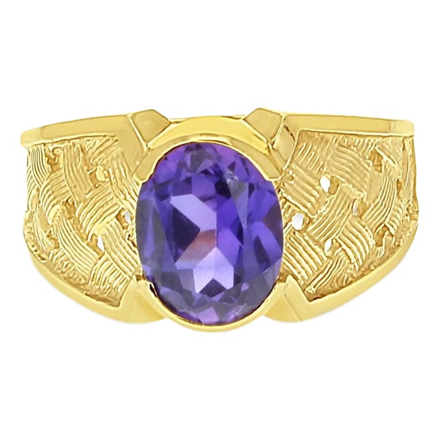 Oval Amethyst Ring with Basketweave Band 14k Yellow Gold, Size 7 For Sale