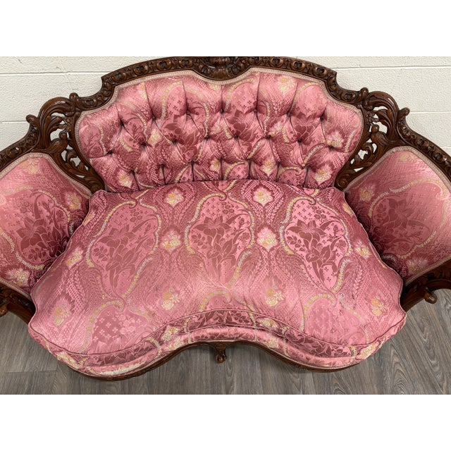 Antique Victorian Rococo Revival French Louis XV Carved Walnut Loveseat Settee For Sale - Image 13 of 16