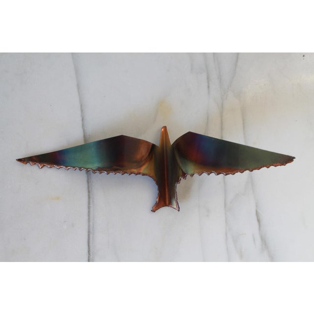 Set of three brutalist copper birds in flight wall hangings. Ready to hang. Minor age wear. 7.75"W x 1"D x 2.75"H 8.5"W x...