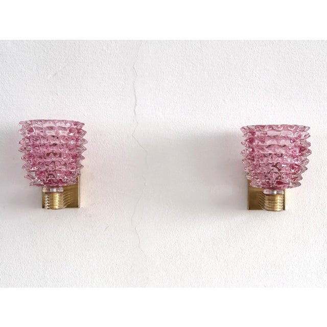 Italian Art Deco Brass and Pink Rostrato Murano Glass Wall Sconces, 1990s, Set of 2 For Sale - Image 13 of 13