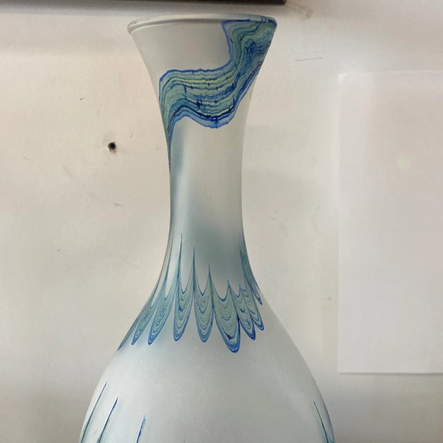 Contemporary 1970s Frosted Vase With Blue Green Swirls For Sale - Image 3 of 8