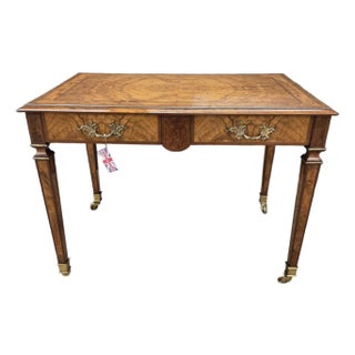 Mid 19th Century Regency Walnut & Rosewood Inlaid Table W/2 Drawers, Brass Beading, Ornate Handles, on Square Tapered Legs on Brass Casters For Sale