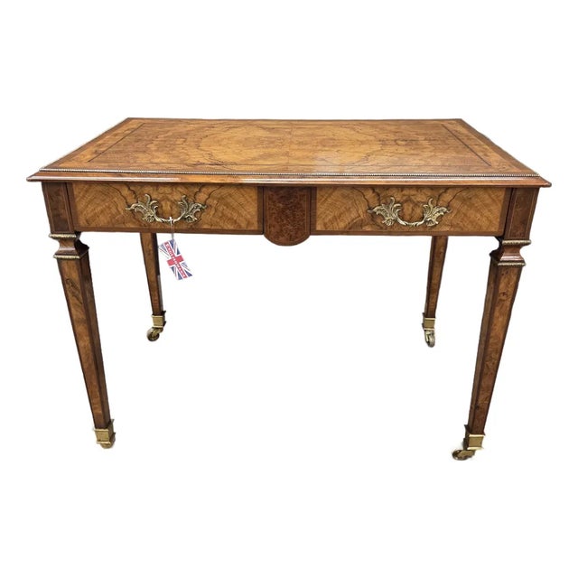 Mid 19th Century Regency Walnut & Rosewood Inlaid Table W/2 Drawers, Brass Beading, Ornate Handles, on Square Tapered Legs on Brass Casters For Sale