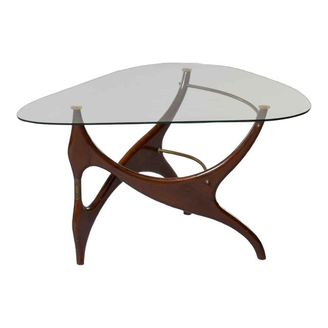Italian Mid-Century Sculptural Walnut and Brass Cocktail Table With Triangular Glass Top For Sale