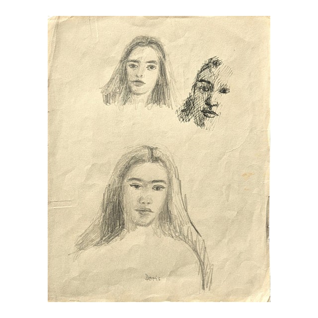 David Adickes Double Sided Early Modern Black & White Figurative Pencil Drawing Study of Doris, Mid 20th Century For Sale