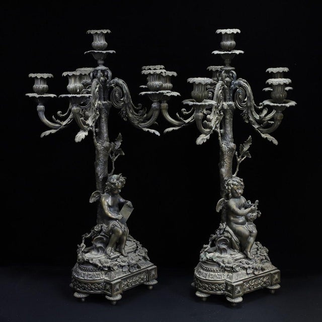 Rococo Pair of Large Vintage French Rococo Style Bronze Cherub Candelabras For Sale - Image 3 of 10