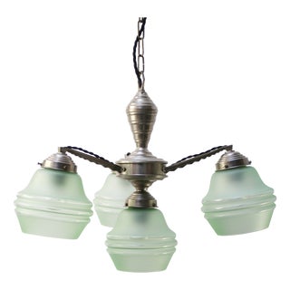 Art Deco Chandelier in Green Frosted Glass and Silver Nickel, 1920s For Sale