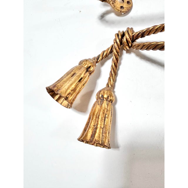 Pair of Vintage Italian Gilt Rope Curtain Tiebacks With Tassels, Hollywood Regency Style For Sale In Louisville - Image 6 of 7