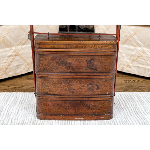 Brown Antique Chinese Stacked Three-Tiered Lacquered Wedding Basket For Sale - Image 8 of 10