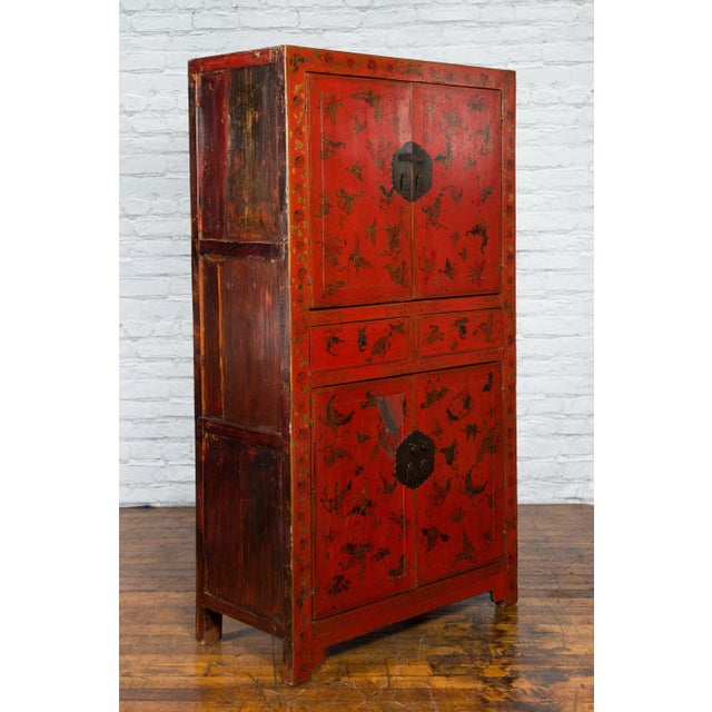 19th Century Chinese Qing Dynasty Red Lacquer Butterfly Décor Cabinet For Sale - Image 9 of 13