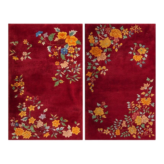 1930s Red Floral Modern Pair of Chinese Art Deco Carpets 3' X 4'10" Handknotted Wool Rugs For Sale