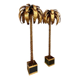 Monumental Pair of Maison Jansen Gilt Metal Palm Tree Floor Lamps For Sale