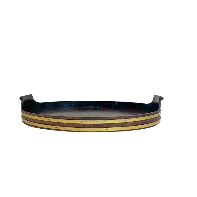 19th Century Oval Dark Walnut Tray with Brass Straps For Sale - Image 3 of 13