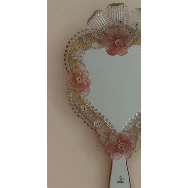1980s Vetri Murano Art Glass Floral Hand Mirror-Form Wall Mirror For Sale - Image 9 of 12