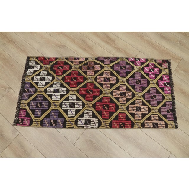 1960s Tribal Ikat Geometric Black Hand Knotted Kilim Rug For Sale - Image 12 of 13