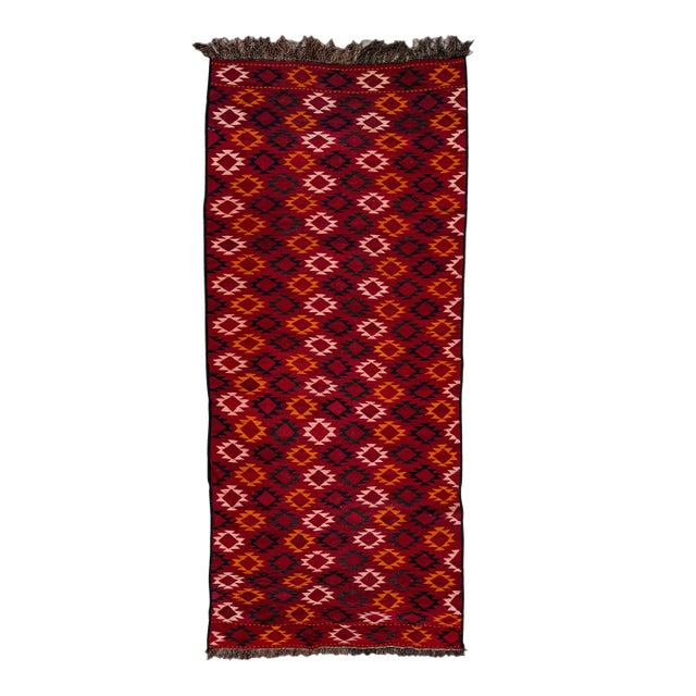 Red Vintage Kilim Handmade Flatweave Tribal Motif Wool Runner For Sale
