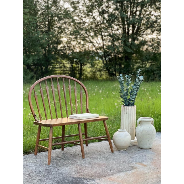 Mid Century Solid Oak Bowback Windsor Armless Bench Settee For Sale - Image 10 of 10