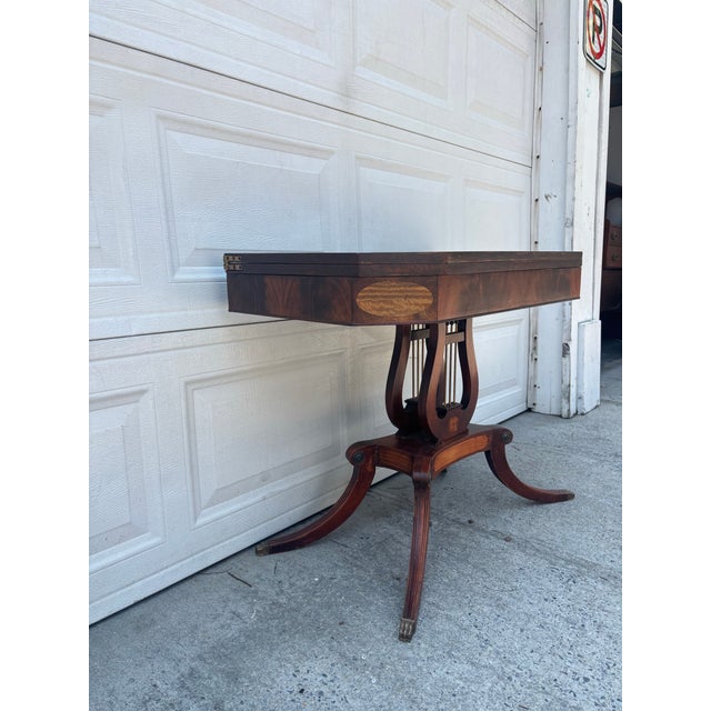 Mid 20th Century Federal Revival Mahogany Lyre Base Flip Top Games Table For Sale - Image 4 of 11