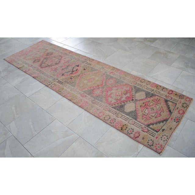 Beige 1960s Muted Colors Hand Knotted Runner Rug Turkish Hallway Rug - 2'9" X 10'3" For Sale - Image 8 of 14