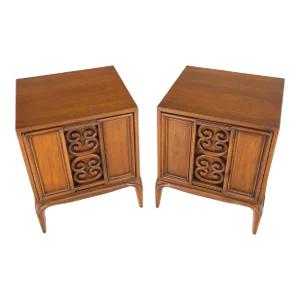 Pair of Walnut Carved Modern Ornament Front Door End Table Night Stands