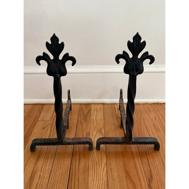 Black Midcentury Pair of French Fleur-De-Lis Cast Iron Fireplace Andirons For Sale - Image 8 of 8