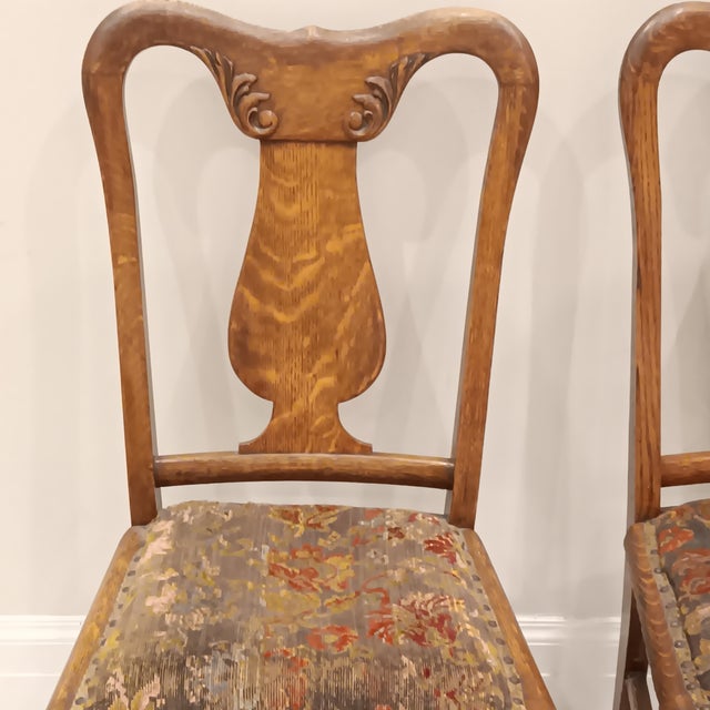Early 19th Century Antique Quarter Sawn Oak Side Chairs With Hand Carved Motif on Each Side and Nailhead Stud Surround Tapestry Seat and Claw Feet For Sale - Image 5 of 18