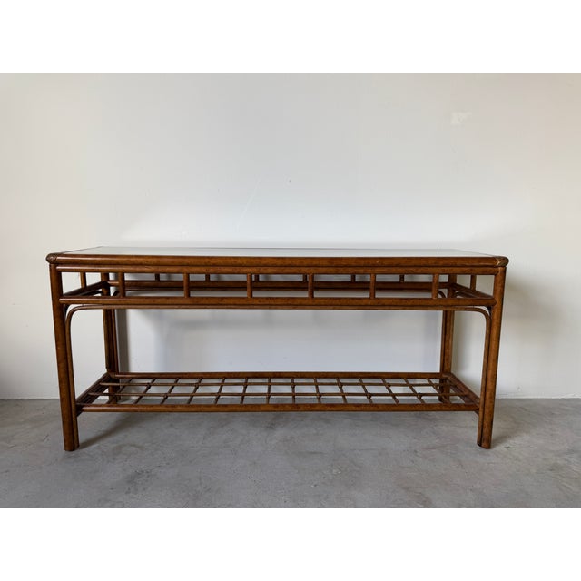 1970's Vintage Coastal Geometric Rattan & Glass Top Console Table For Sale In Miami - Image 6 of 16