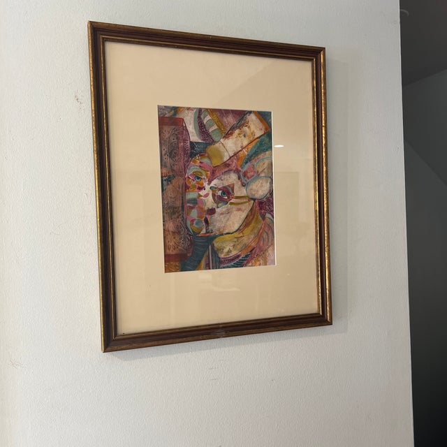 1990s American School Modern Abstract Impressionist Style Watercolor Portrait Framed Signed For Sale - Image 9 of 10