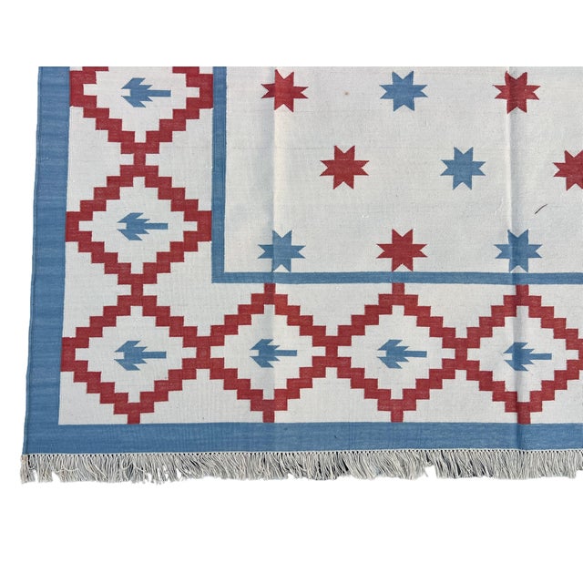 Handwoven Cotton Area Rug Vegetable Dyed Sky Blue, Cream and Terracotta Star Patterned Dhurrie - 6'x9' For Sale - Image 13 of 13