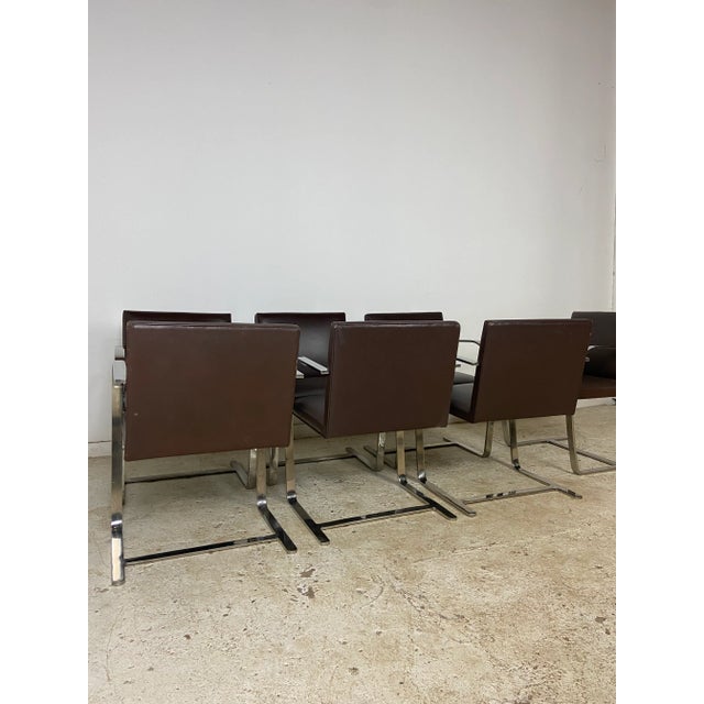 Chocolate Vintage Knoll Stainless Flat Bar Brno Chairs in Brown Leather - Set of 7 For Sale - Image 8 of 10