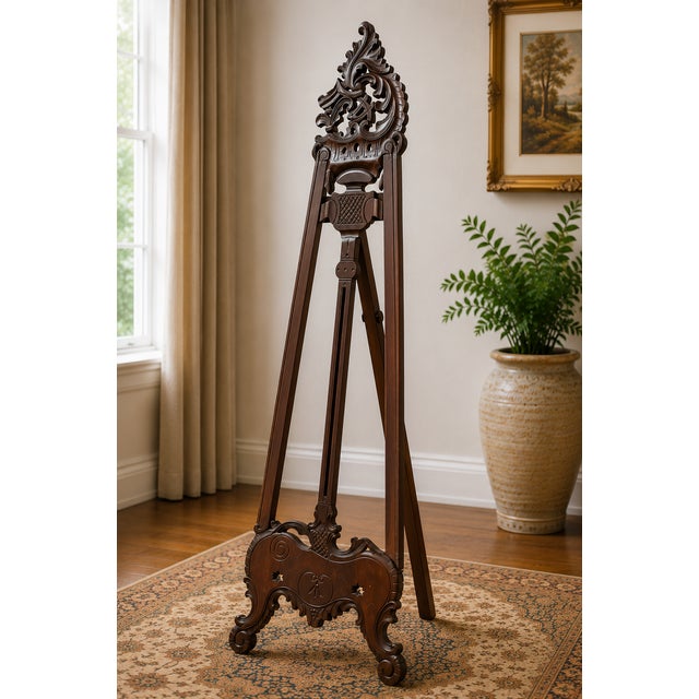 An exceptional antique Victorian artist’s display easel, masterfully crafted from solid mahogany and showcasing the...