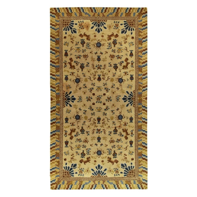 Antique Hooked Rug Gold, Blue and Beige-Brown Chinese Pictorial Style For Sale - Image 9 of 9