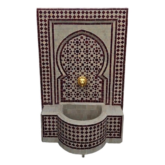 Large 2 Color Beige and Burgundy Moroccan Mosaic Tile Fountain For Sale