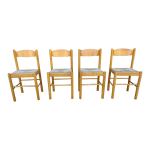 Late 20th Century Vintage Blonde Beechwood Rush Seat Dining Chairs- Set of 4
