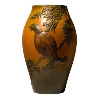 Danish Art Nouveau Stoneware Vase with Bird and Oak Branch Relief from Ipsen, 1920s For Sale