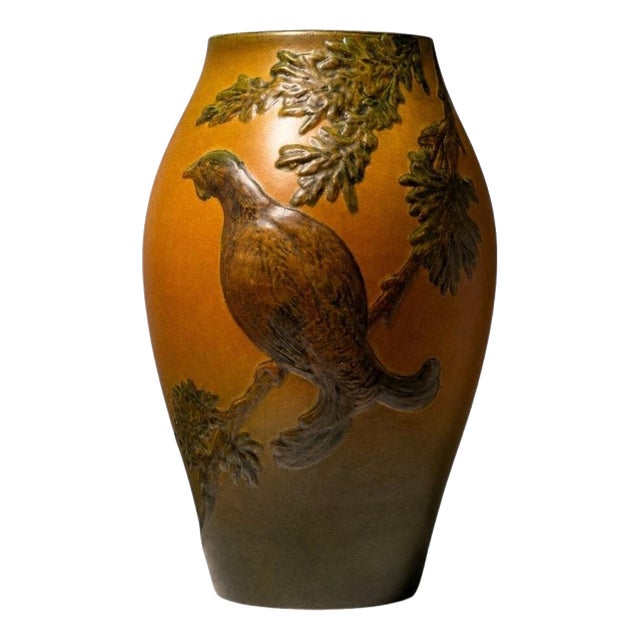 Danish Art Nouveau Stoneware Vase with Bird and Oak Branch Relief from Ipsen, 1920s For Sale