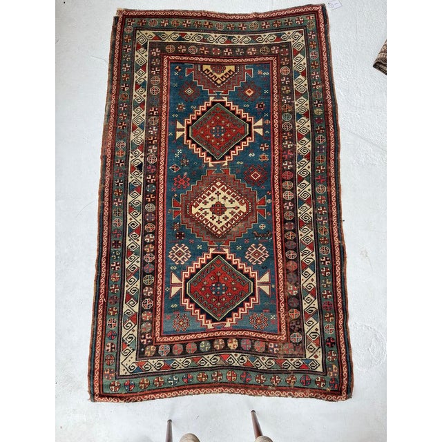 Century Old Antique Kazak in Ocean Blue Amazing Greens Rug 4.8 x 7.8 For Sale - Image 9 of 11